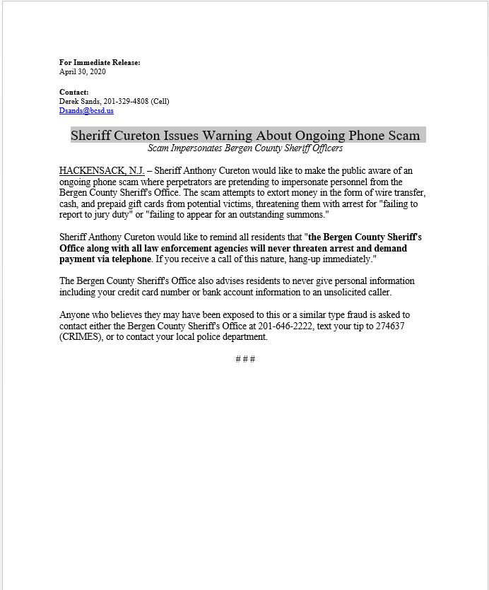 Sheriff Cureton Issues Warning About Ongoing Phone Scam